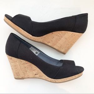 Tom's Black Stella Cork Wedges